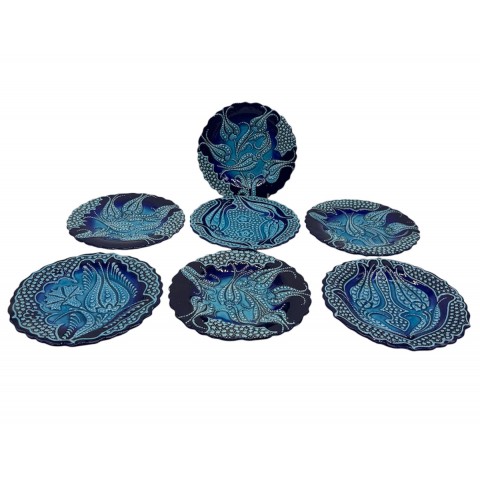 BLUE LACE TULIP PLATES – HANDMADE CERAMIC SET (7 PIECES)