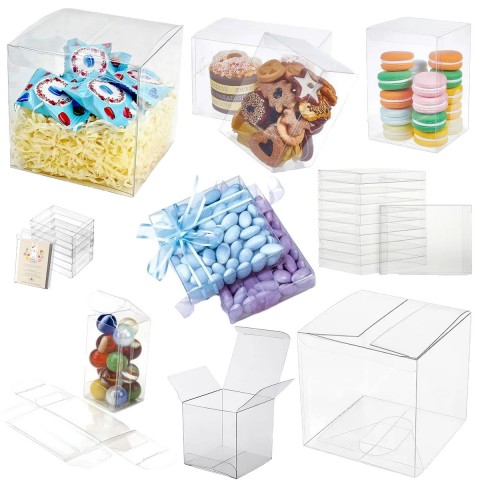 Clear boxes with tuck in tops and lock-tab bottoms. 3.93" x 3.93" x 3.93" to 6.29" PKG 100