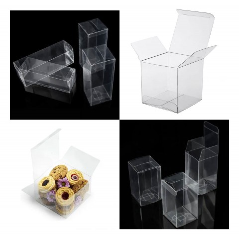 Clear boxes with tuck in tops and lock-tab bottoms. 3.93" x 3.93" x 3.93" to 6.29" PKG 100