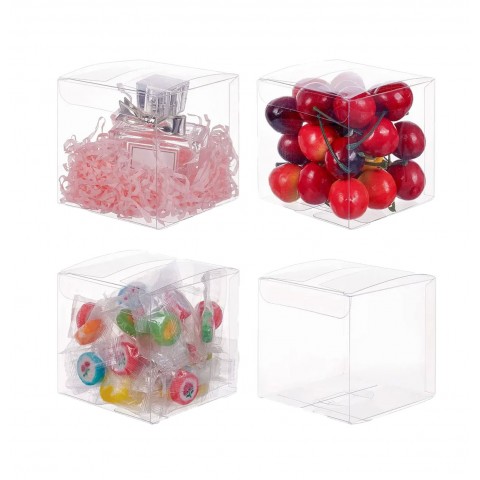 Clear boxes with tuck in tops and lock-tab bottoms. 2.36" x 2.36" x 2.36" to 9.84" PKG 100